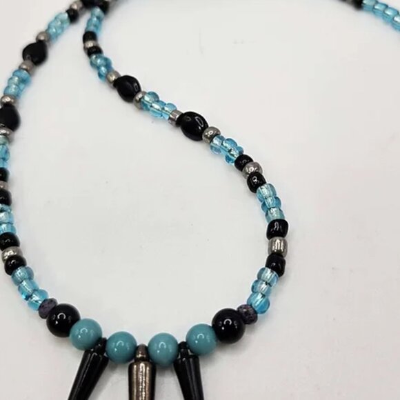 Boho Aqua Marine & Black Spiked 30" Beaded Necklace - Picture 5 of 10